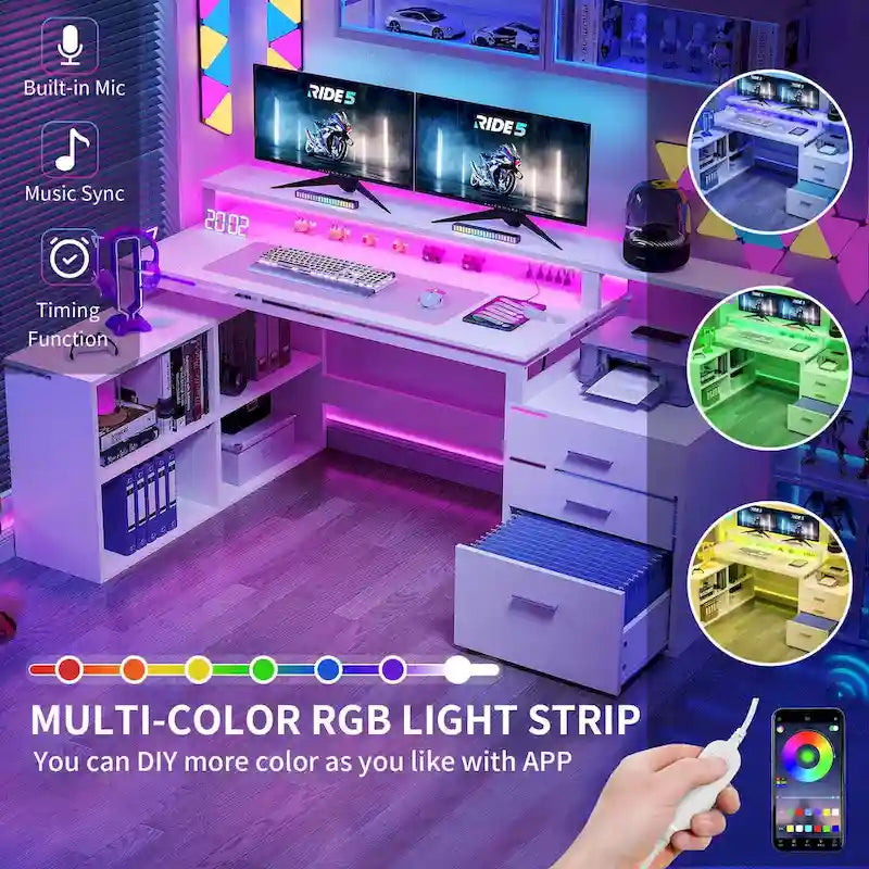 Bureau d'angle en L de 165 cm avec LED RVB, station de charge, support d'écran et rangement - Blanc / Chêne / Gris anthracite / Noir