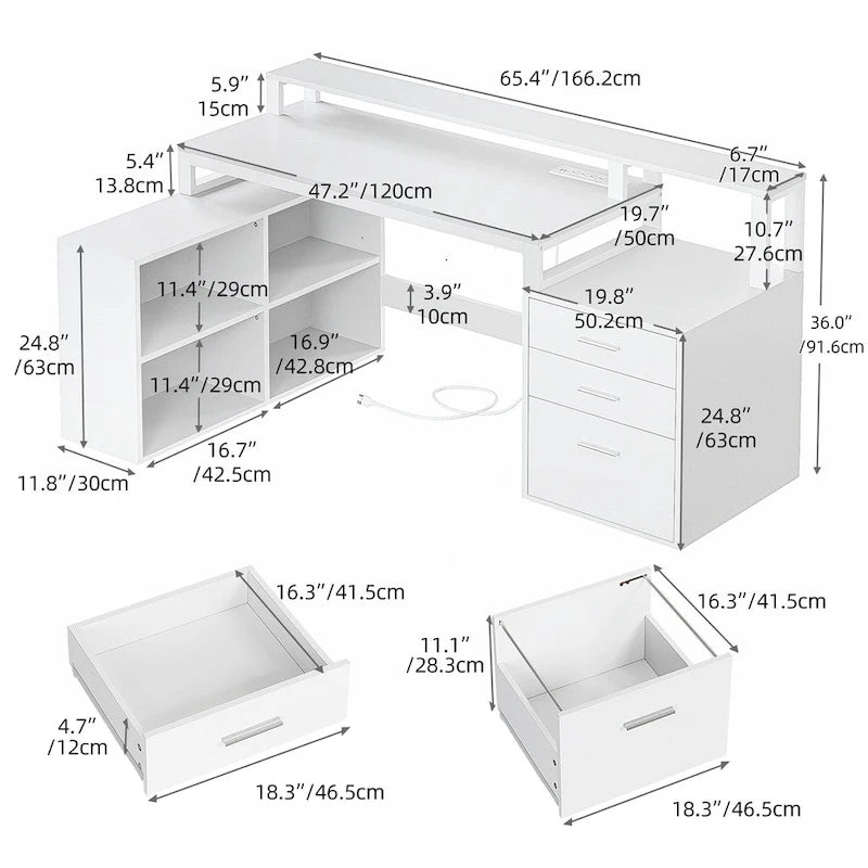 Bureau d'angle en L de 165 cm avec LED RVB, station de charge, support d'écran et rangement - Blanc / Chêne / Gris anthracite / Noir