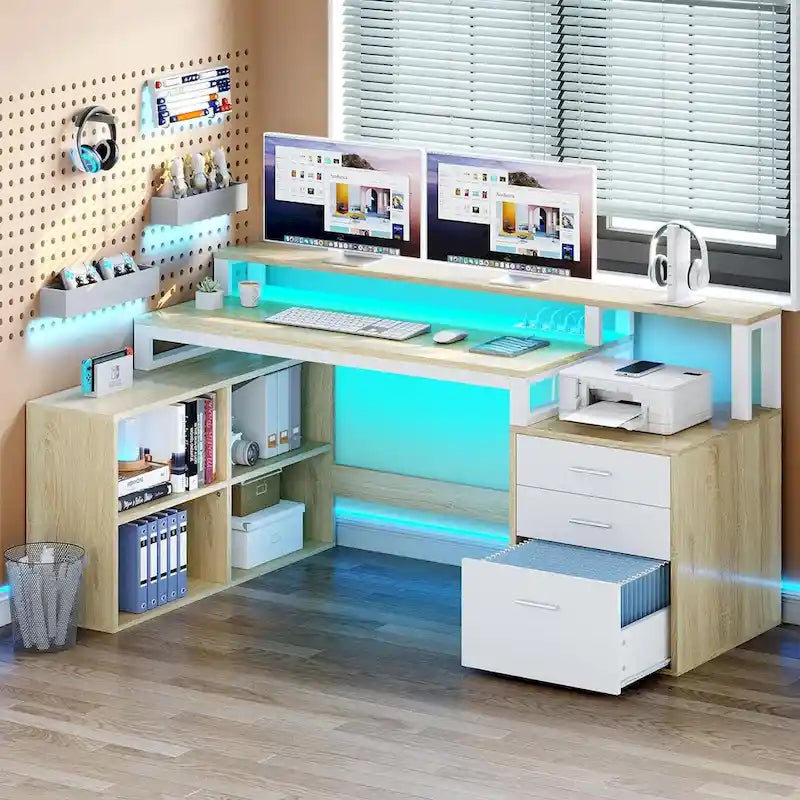 Bureau d'angle en L de 165 cm avec LED RVB, station de charge, support d'écran et rangement - Blanc / Chêne / Gris anthracite / Noir
