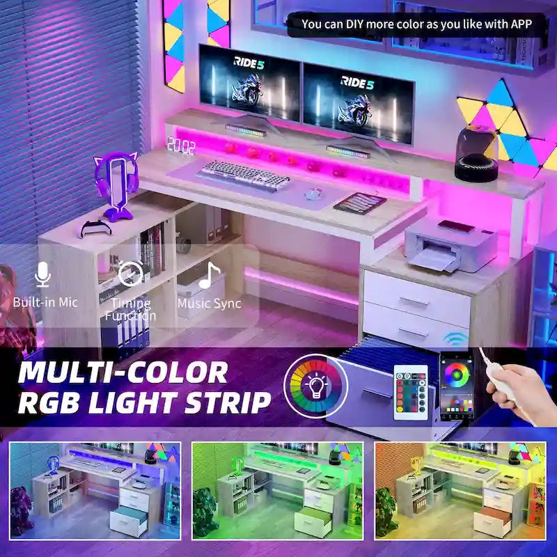 Bureau d'angle en L de 165 cm avec LED RVB, station de charge, support d'écran et rangement - Blanc / Chêne / Gris anthracite / Noir