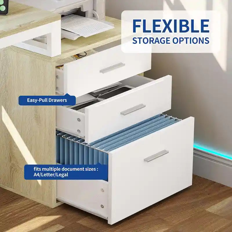 Bureau d'angle en L de 165 cm avec LED RVB, station de charge, support d'écran et rangement - Blanc / Chêne / Gris anthracite / Noir