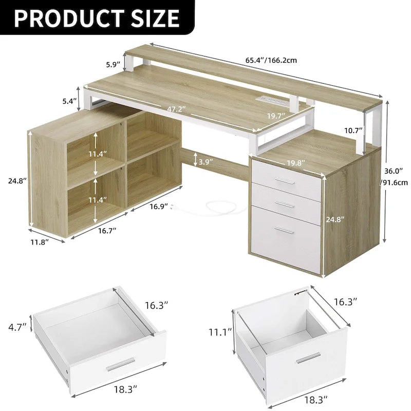 Bureau d'angle en L de 165 cm avec LED RVB, station de charge, support d'écran et rangement - Blanc / Chêne / Gris anthracite / Noir