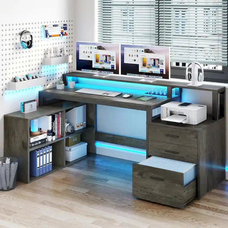 Bureau d'angle en L de 165 cm avec LED RVB, station de charge, support d'écran et rangement - Blanc / Chêne / Gris anthracite / Noir