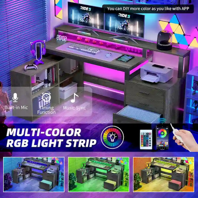 Bureau d'angle en L de 165 cm avec LED RVB, station de charge, support d'écran et rangement - Blanc / Chêne / Gris anthracite / Noir