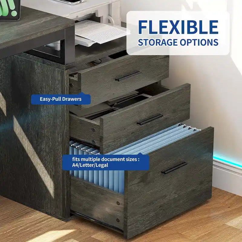 Bureau d'angle en L de 165 cm avec LED RVB, station de charge, support d'écran et rangement - Blanc / Chêne / Gris anthracite / Noir