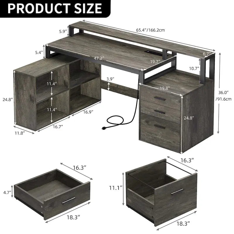 Bureau d'angle en L de 165 cm avec LED RVB, station de charge, support d'écran et rangement - Blanc / Chêne / Gris anthracite / Noir