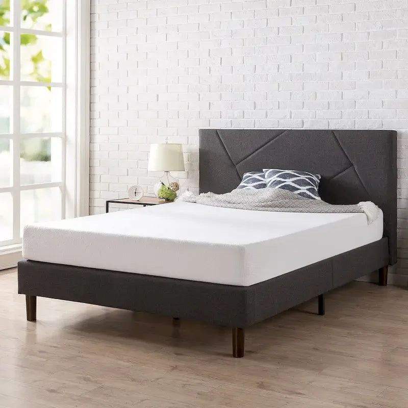 Lit plateforme rembourré géométrique gris avec tête de lit en mousse – Grand lit / Très grand lit / Très grand lit Californien