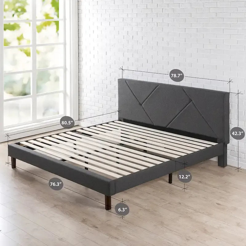 Lit plateforme rembourré géométrique gris avec tête de lit en mousse – Grand lit / Très grand lit / Très grand lit Californien