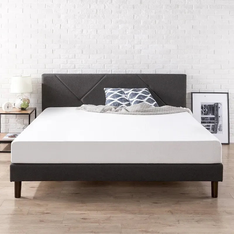 Lit plateforme rembourré géométrique gris avec tête de lit en mousse – Grand lit / Très grand lit / Très grand lit Californien