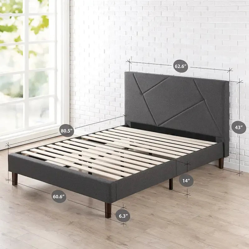 Lit plateforme rembourré géométrique gris avec tête de lit en mousse – Grand lit / Très grand lit / Très grand lit Californien