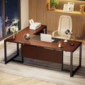 Bureau de direction en L de 180 cm marron rustique/gris et noir avec caisson mobile et panneau de confidentialité