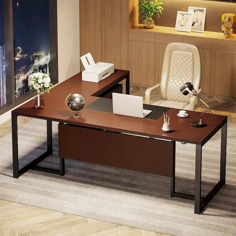 Bureau de direction en L de 180 cm marron rustique/gris et noir avec caisson mobile et panneau de confidentialité