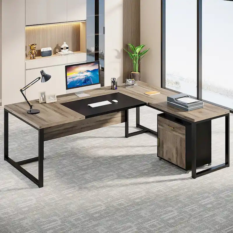 Bureau de direction en L de 180 cm marron rustique/gris et noir avec caisson mobile et panneau de confidentialité