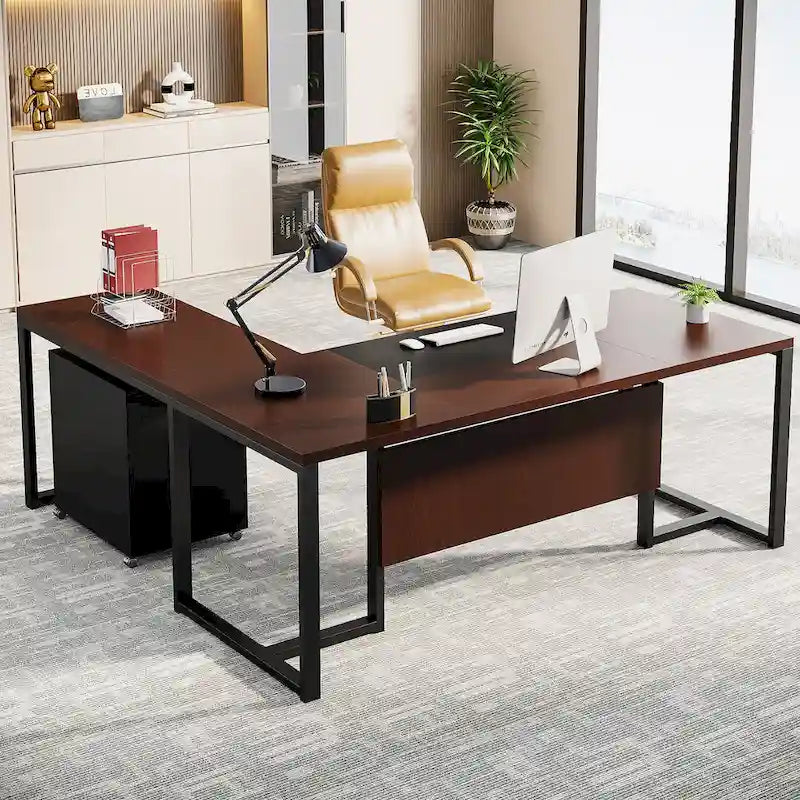 Bureau de direction en L de 180 cm marron rustique/gris et noir avec caisson mobile et panneau de confidentialité