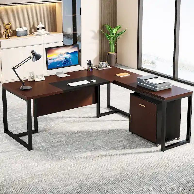 Bureau de direction en L de 180 cm marron rustique/gris et noir avec caisson mobile et panneau de confidentialité