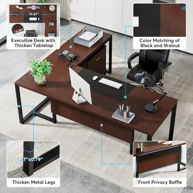 Bureau de direction en L de 180 cm marron rustique/gris et noir avec caisson mobile et panneau de confidentialité