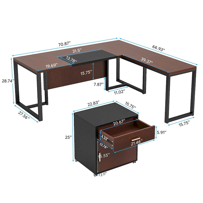 Bureau de direction en L de 180 cm marron rustique/gris et noir avec caisson mobile et panneau de confidentialité