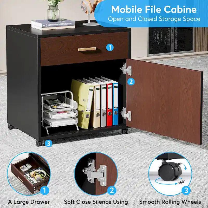 Bureau de direction en L de 180 cm marron rustique/gris et noir avec caisson mobile et panneau de confidentialité
