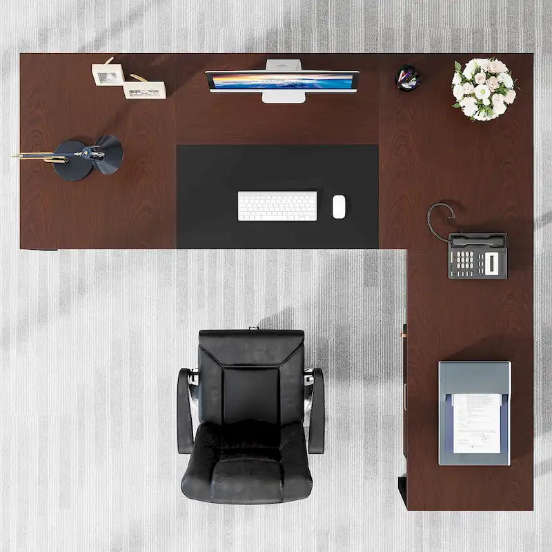 Bureau de direction en L de 180 cm marron rustique/gris et noir avec caisson mobile et panneau de confidentialité