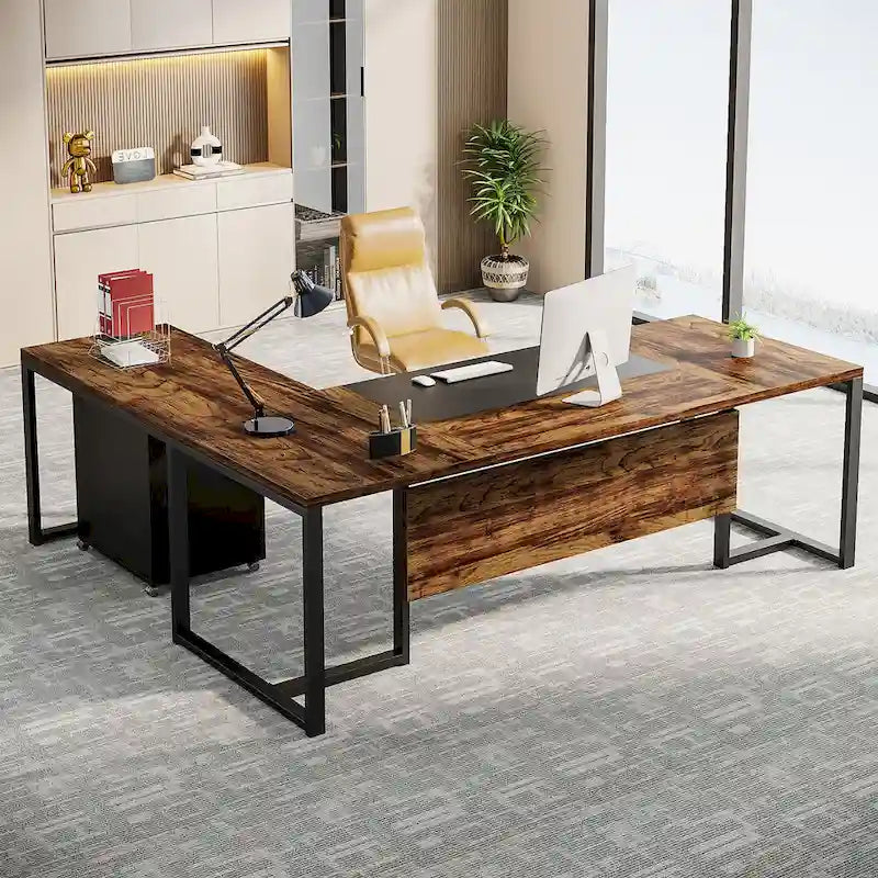 Bureau de direction en L de 180 cm marron rustique/gris et noir avec caisson mobile et panneau de confidentialité