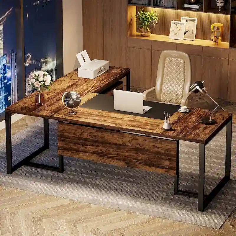 Bureau de direction en L de 180 cm marron rustique/gris et noir avec caisson mobile et panneau de confidentialité