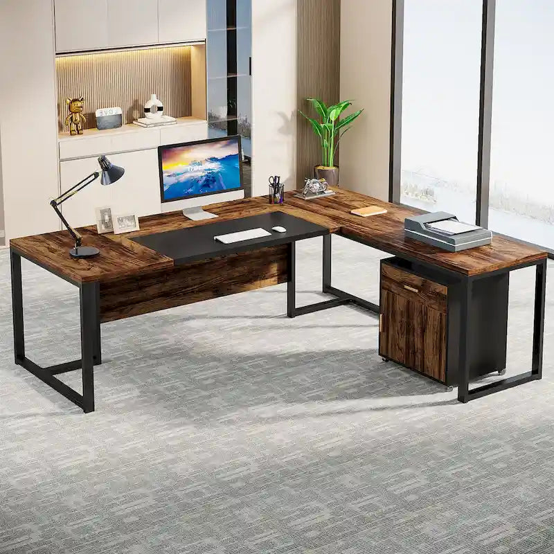 Bureau de direction en L de 180 cm marron rustique/gris et noir avec caisson mobile et panneau de confidentialité