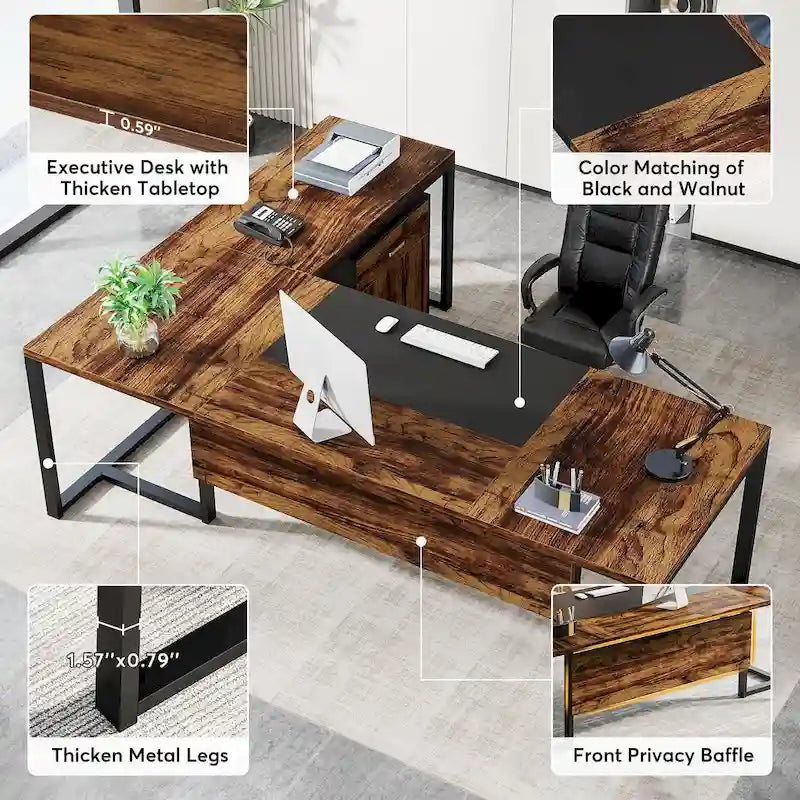 Bureau de direction en L de 180 cm marron rustique/gris et noir avec caisson mobile et panneau de confidentialité