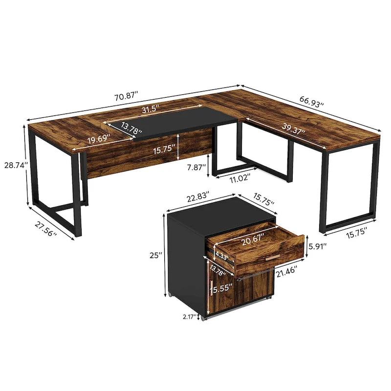 Bureau de direction en L de 180 cm marron rustique/gris et noir avec caisson mobile et panneau de confidentialité