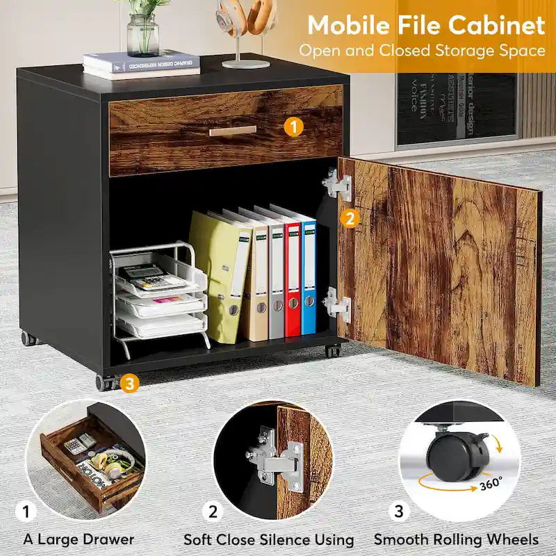 Bureau de direction en L de 180 cm marron rustique/gris et noir avec caisson mobile et panneau de confidentialité