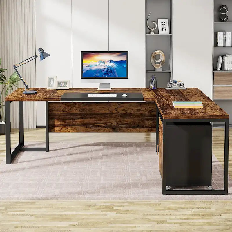 Bureau de direction en L de 180 cm marron rustique/gris et noir avec caisson mobile et panneau de confidentialité