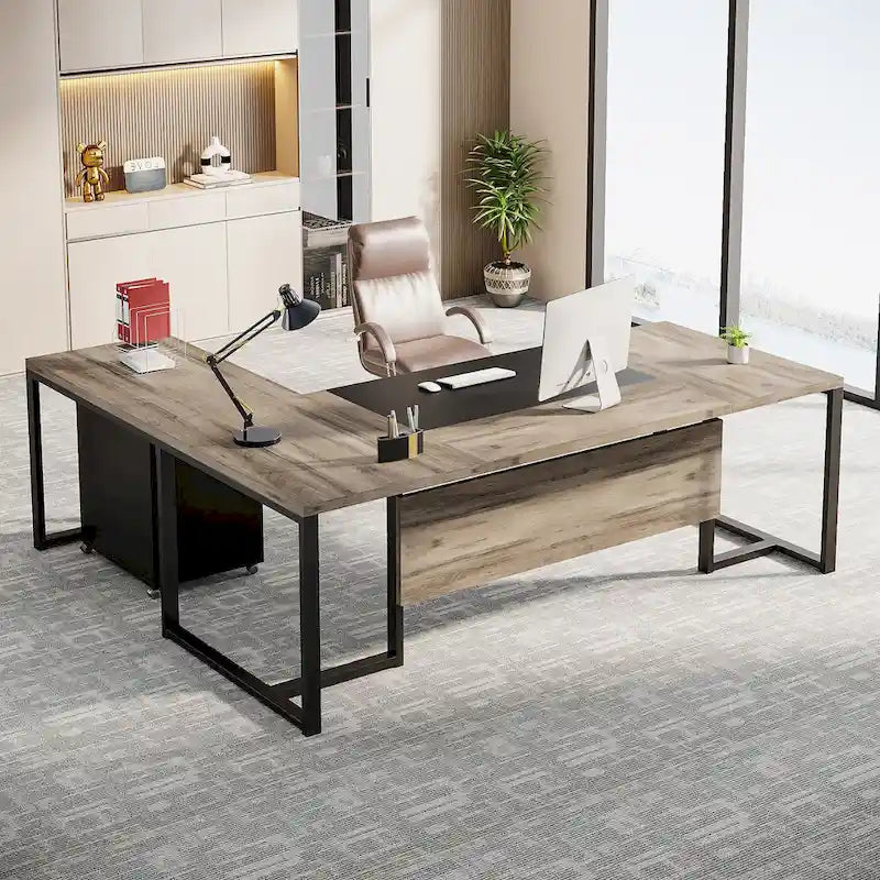 Bureau de direction en L de 180 cm marron rustique/gris et noir avec caisson mobile et panneau de confidentialité
