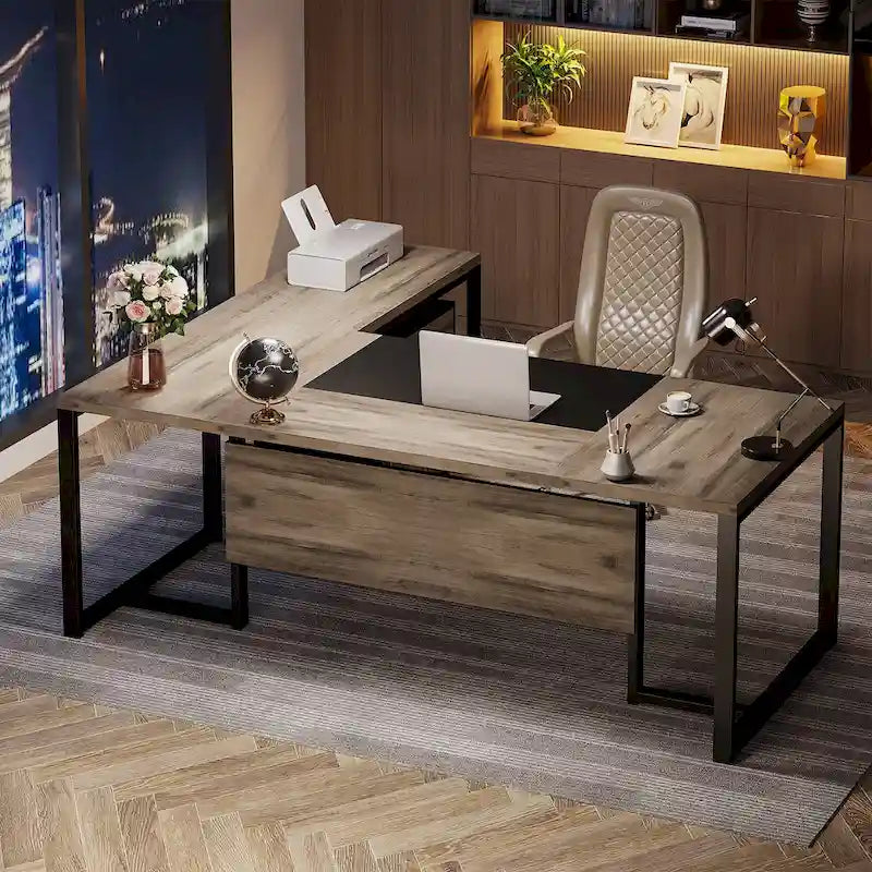 Bureau de direction en L de 180 cm marron rustique/gris et noir avec caisson mobile et panneau de confidentialité