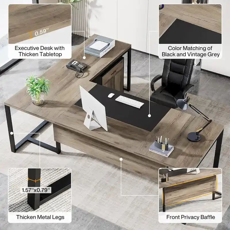Bureau de direction en L de 180 cm marron rustique/gris et noir avec caisson mobile et panneau de confidentialité