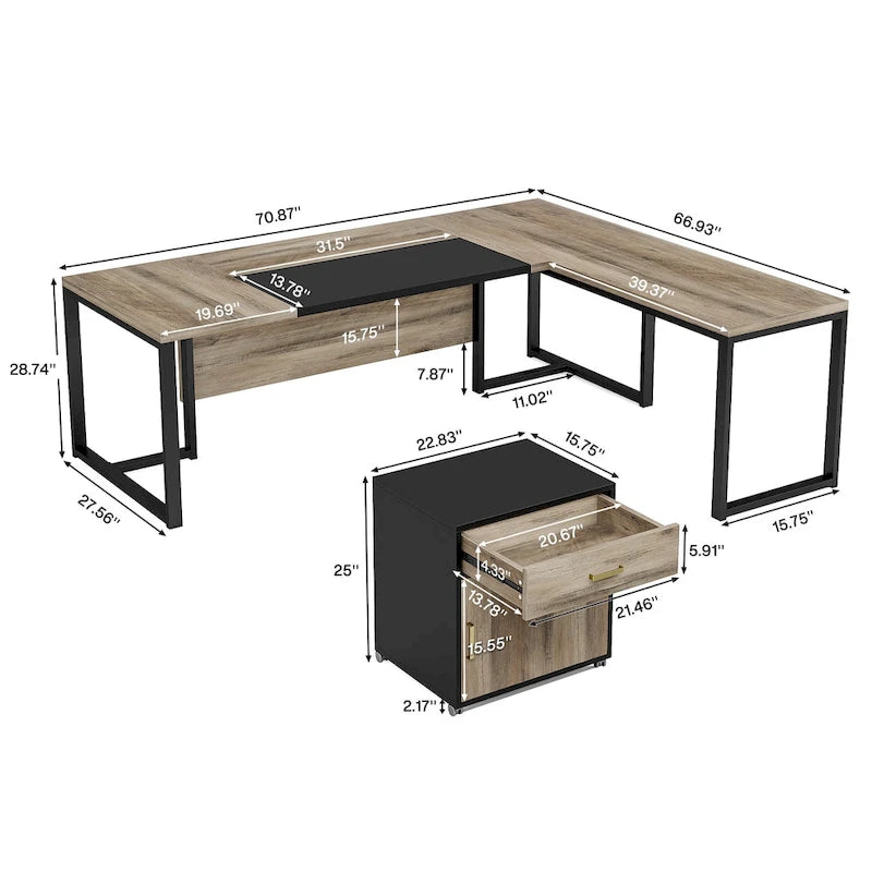Bureau de direction en L de 180 cm marron rustique/gris et noir avec caisson mobile et panneau de confidentialité