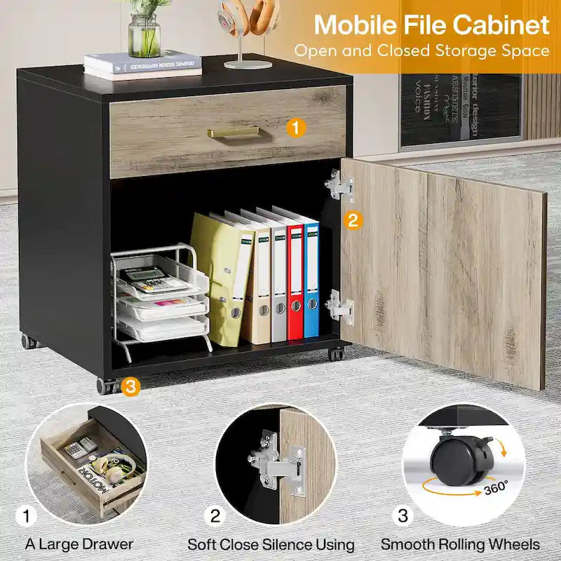 Bureau de direction en L de 180 cm marron rustique/gris et noir avec caisson mobile et panneau de confidentialité