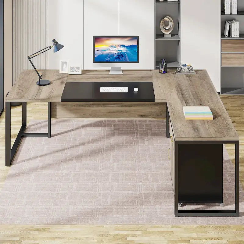 Bureau de direction en L de 180 cm marron rustique/gris et noir avec caisson mobile et panneau de confidentialité