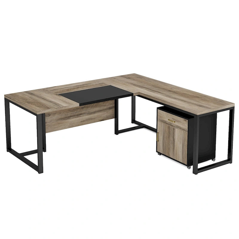 Bureau de direction en L de 180 cm marron rustique/gris et noir avec caisson mobile et panneau de confidentialité