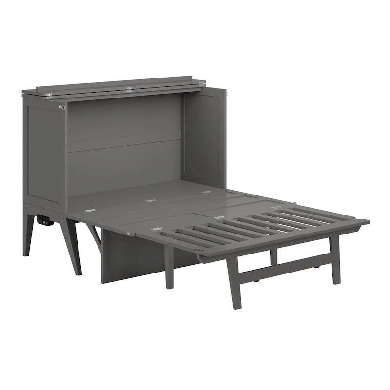 Lit escamotable Full Murphy gris avec bureau rabattable, matelas en mousse à mémoire de forme et port de chargement USB