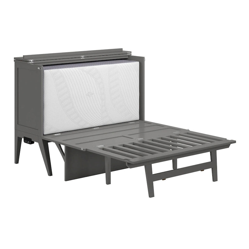 Lit escamotable Full Murphy gris avec bureau rabattable, matelas en mousse à mémoire de forme et port de chargement USB