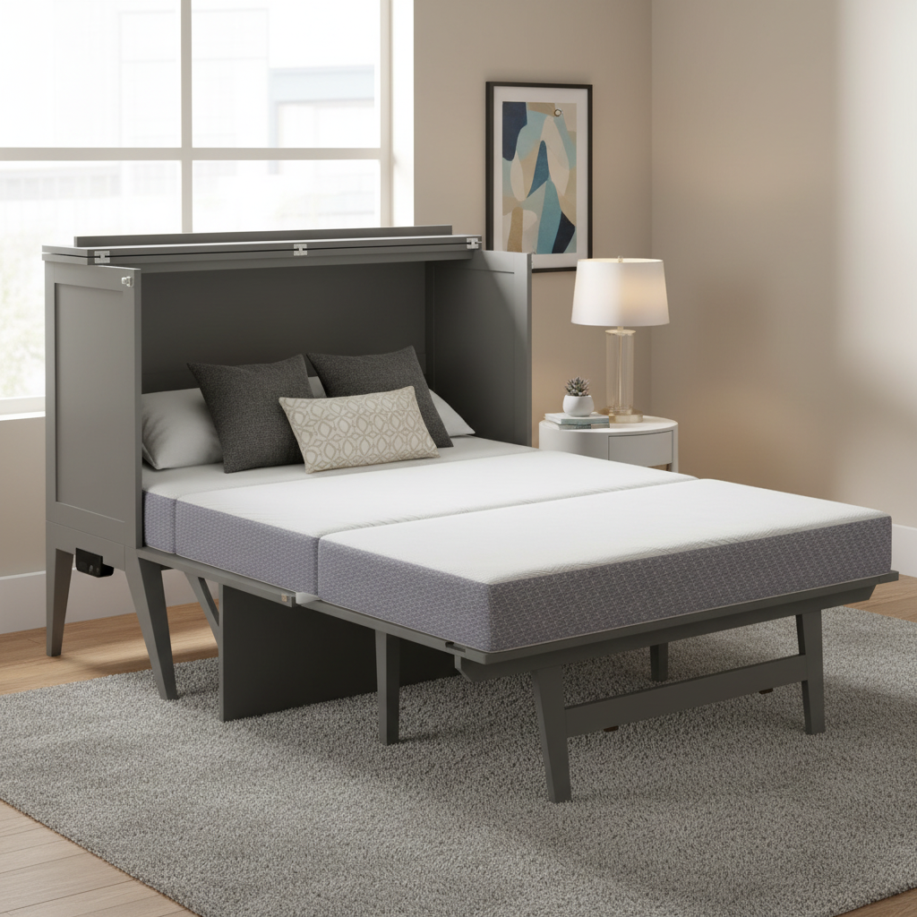 Lit escamotable Full Murphy gris avec bureau rabattable, matelas en mousse à mémoire de forme et port de chargement USB