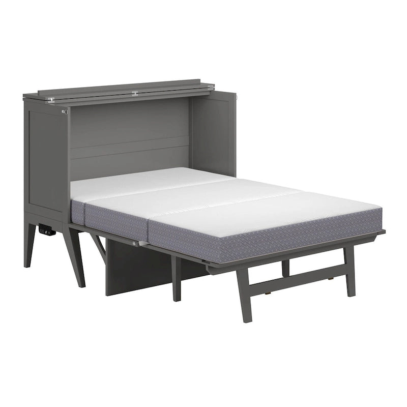Lit escamotable Full Murphy gris avec bureau rabattable, matelas en mousse à mémoire de forme et port de chargement USB