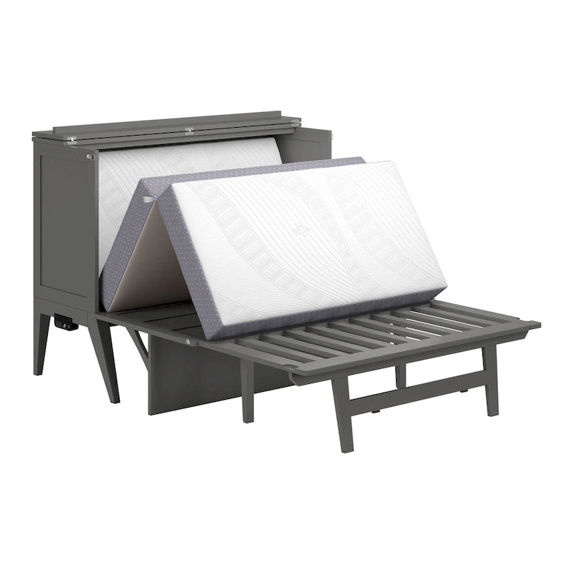 Lit escamotable Full Murphy gris avec bureau rabattable, matelas en mousse à mémoire de forme et port de chargement USB
