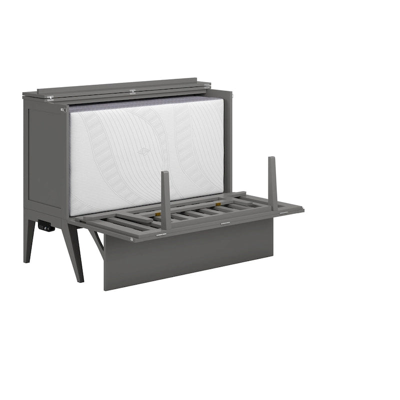 Lit escamotable Full Murphy gris avec bureau rabattable, matelas en mousse à mémoire de forme et port de chargement USB
