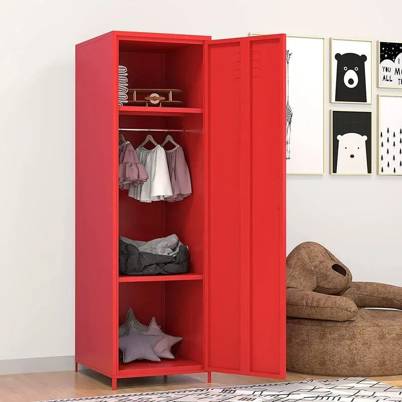 Armoire vestiaire en acier pour enfants, blanc/rouge/bleu/jaune, avec tringle, étagères et portes ventilées