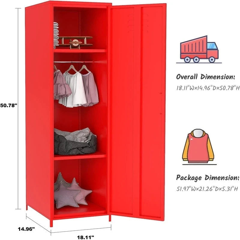 Armoire vestiaire en acier pour enfants, blanc/rouge/bleu/jaune, avec tringle, étagères et portes ventilées
