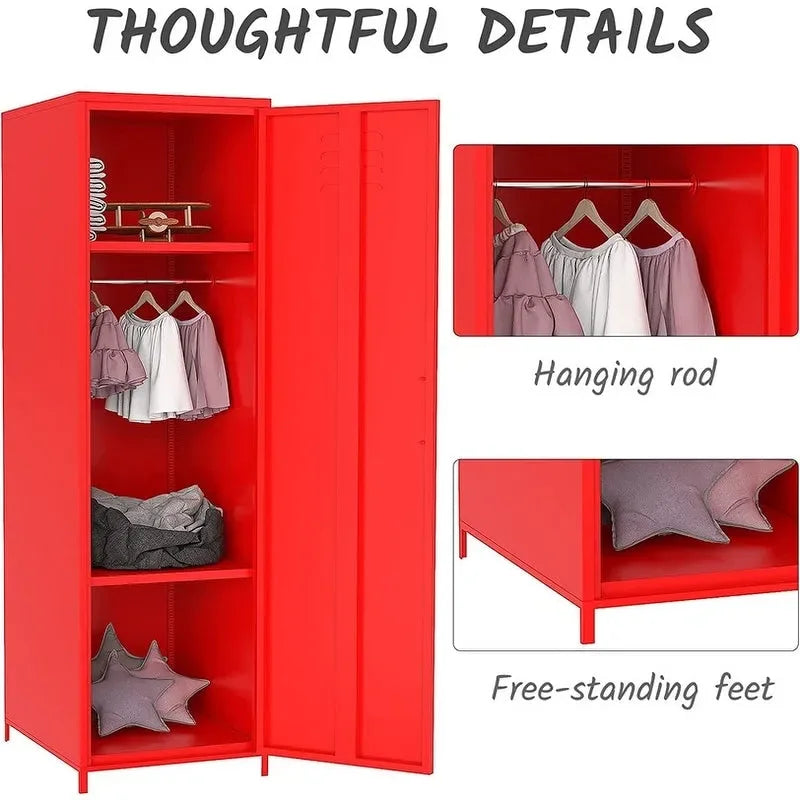 Armoire vestiaire en acier pour enfants, blanc/rouge/bleu/jaune, avec tringle, étagères et portes ventilées