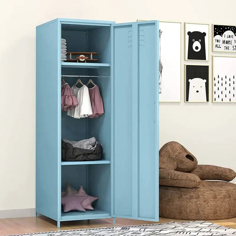 Armoire vestiaire en acier pour enfants, blanc/rouge/bleu/jaune, avec tringle, étagères et portes ventilées