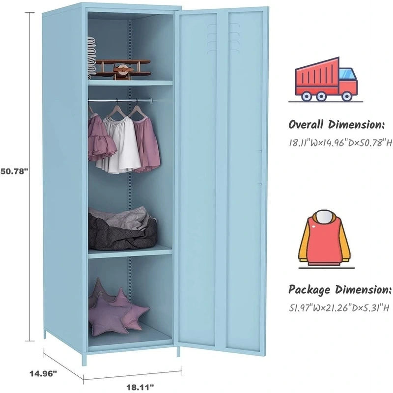 Armoire vestiaire en acier pour enfants, blanc/rouge/bleu/jaune, avec tringle, étagères et portes ventilées