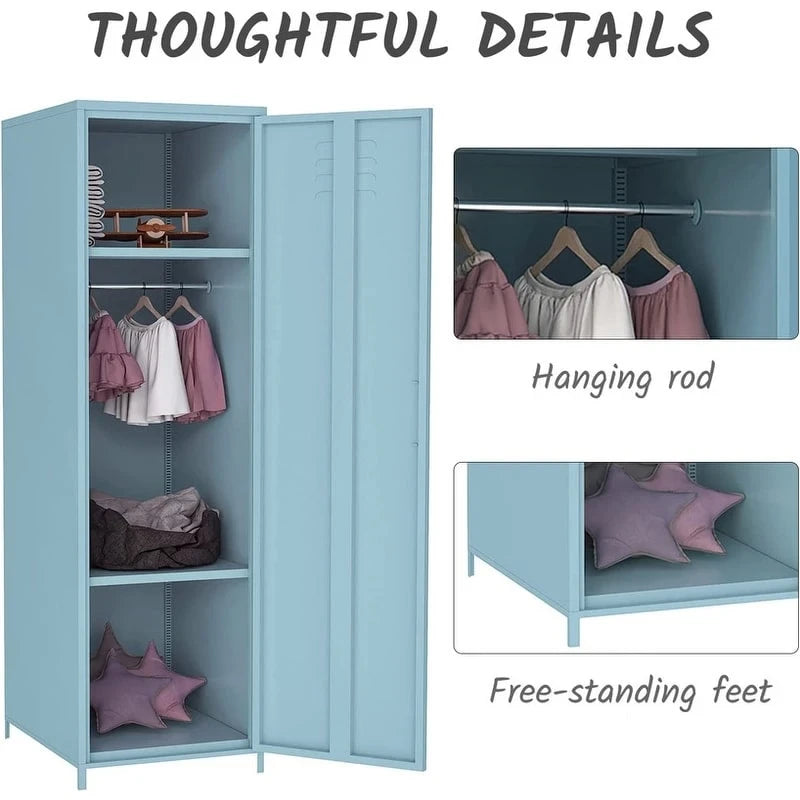Armoire vestiaire en acier pour enfants, blanc/rouge/bleu/jaune, avec tringle, étagères et portes ventilées