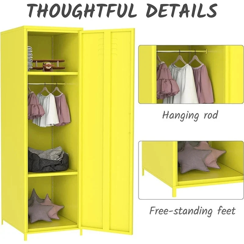 Armoire vestiaire en acier pour enfants, blanc/rouge/bleu/jaune, avec tringle, étagères et portes ventilées